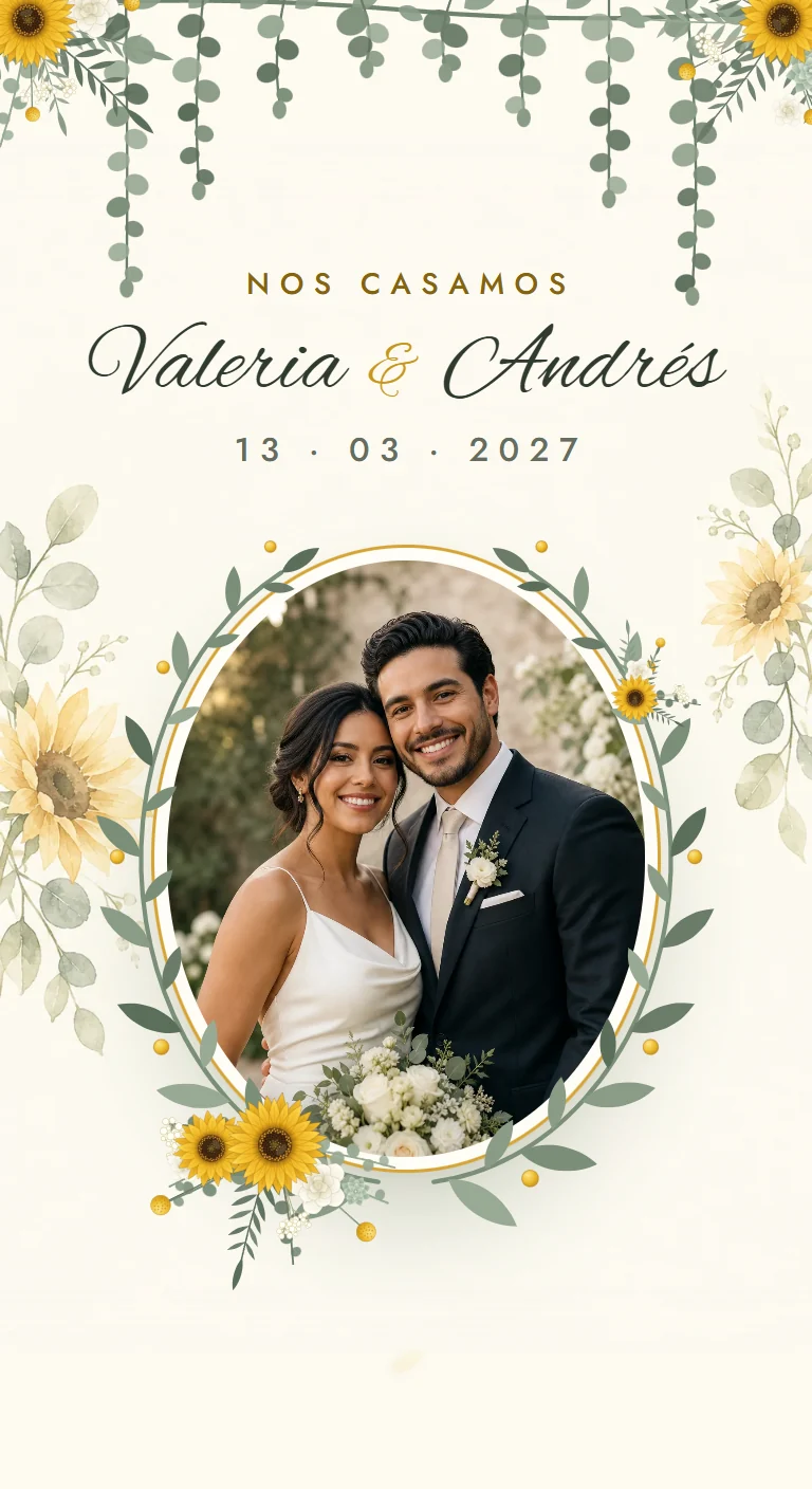 Portada con la foto de la pareja en un óvalo rodeado por una corona de olivo y girasoles